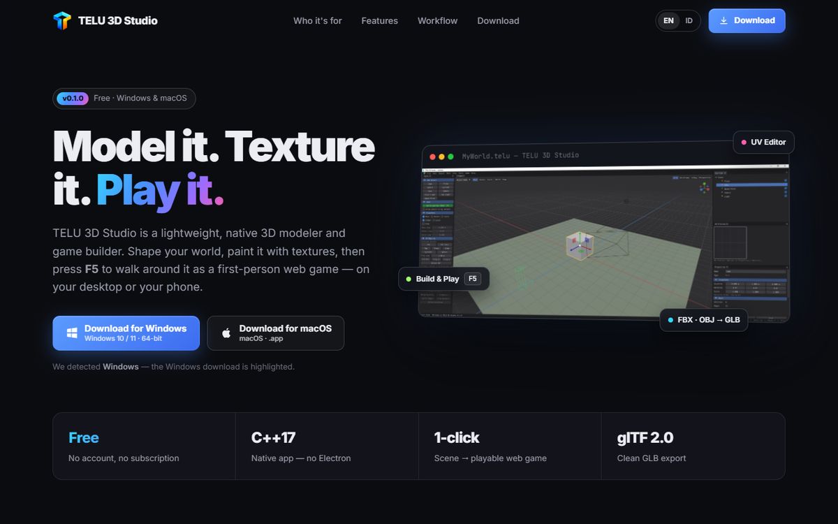 Tampilan website TELU 3D Studio
